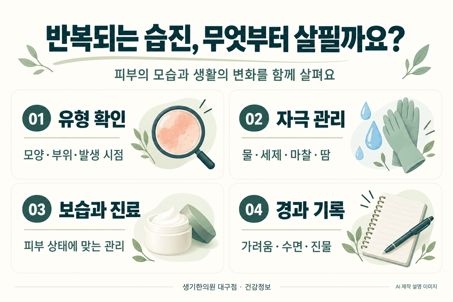 반복되는 습진의 유형, 생활 자극, 보습과 증상 기록을 정리한 AI 요약 이미지